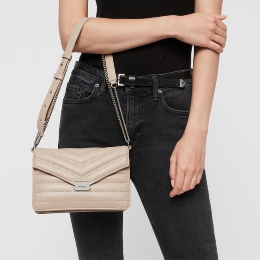 All Saints Justine Lambskin Leather Flap Crossbody Bag in Sandstone Like New